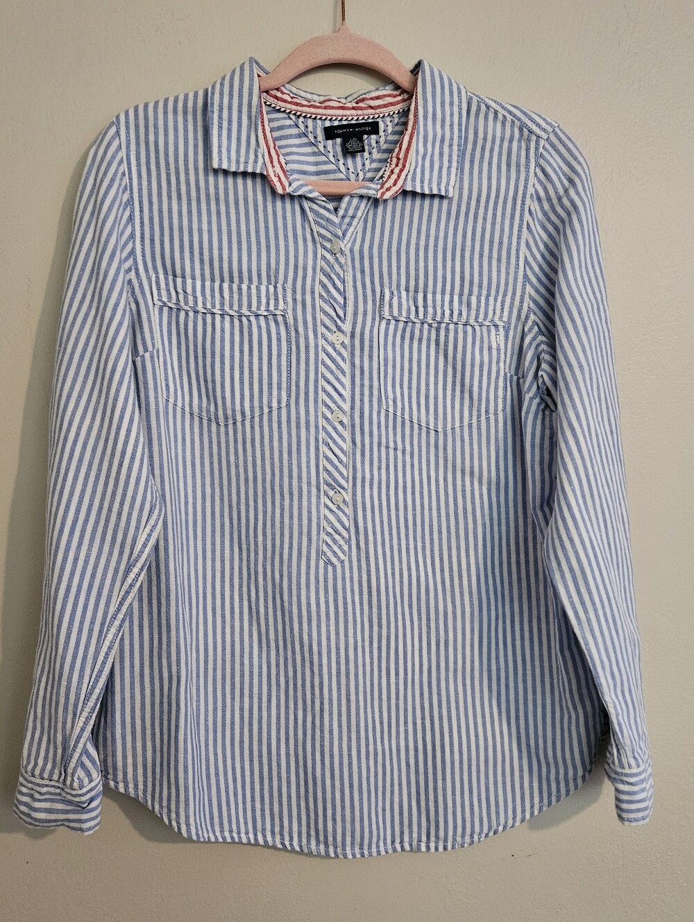 Tommy Hilfiger Shirt Women Large Blue White Striped Classic Fit Casual Button Up